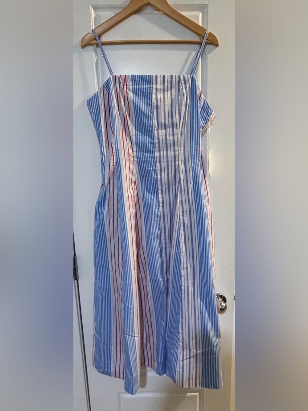 NWT Free Assembly Large 12-14 Blue Red Striped Midi Dress Smocked
